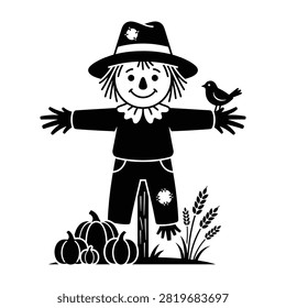Black and white silhouette of a friendly scarecrow with a small bird on its arm, standing next to pumpkins and wheat, representing the autumn fall harvest season.