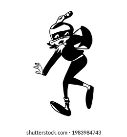 a black and white silhouette of a frightened boy in a superhero costume. the little thief. the pose of fright, the emotion of fear. one isolated cartoon character. humorous sketch