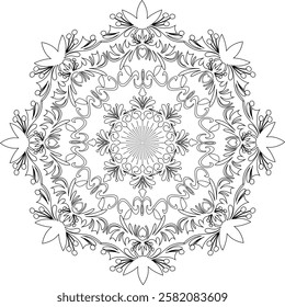 Black and white  silhouette geometric mandala background Round ornament decoration isolated design element floral mandala sketch pattern for coloring page.