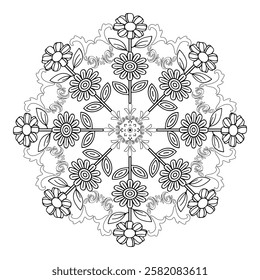 Black and white  silhouette geometric mandala background Round ornament decoration isolated design element floral mandala sketch pattern for coloring page.