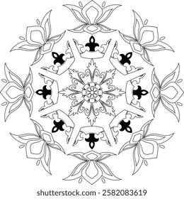 Black and white  silhouette geometric mandala background Round ornament decoration isolated design element floral mandala sketch pattern for coloring page.