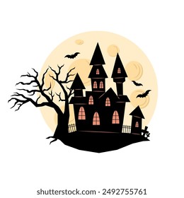 Black and white silhouette ghost house. Halloween. Illuminated moon with bats. Holiday illustration for background, sticker, postcard poster. Illustration in flat style.
