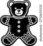 Black and White Silhouette of a Gingerbread Cookie Shaped Like a Teddy Bear with Icing Details Representing Festive Treats, Holiday Cheer, Sweet Decoration, and Playful Culinary Design
