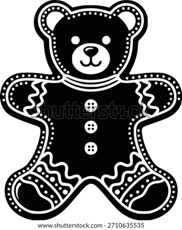 Black and White Silhouette of a Gingerbread Cookie Shaped Like a Teddy Bear with Icing Details Representing Festive Treats, Holiday Cheer, Sweet Decoration, and Playful Culinary Design
