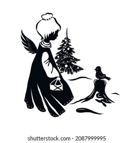 black and white silhouette of a girl with angel wings looks at a bird sitting on a tree stump. New Year tree decorated with Christmas decorations. Drawing for a New Year's card. 