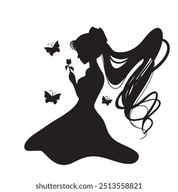 black and white silhouette girl with flower
