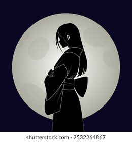  Silueta en blanco y negro de una niña en un kimono contra el fondo de una luna Grande