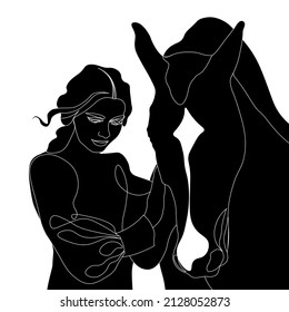 black and white silhouette of a girl next to a horse