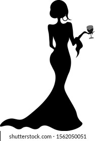 
black and white silhouette of a girl's back in a dress with wine