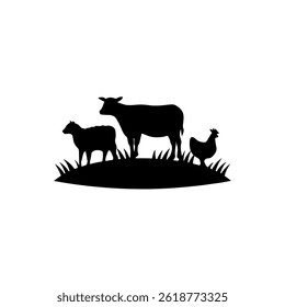 a black and white silhouette graphic featuring a cow, sheep, and chicken standing on grass, perfect for farm, livestock, or nature themed designs.