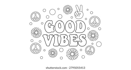 A black and white silhouette graphic featuring the phrase 'GOOD VIBES' surrounded by peace signs, flowers, and bubbles