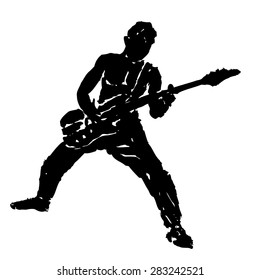 black and white silhouette guitarist, white background , grunge illustration