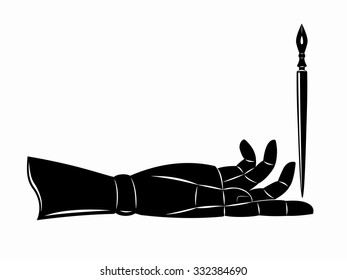black and white silhouette hand and pen, white background , isolated sketch