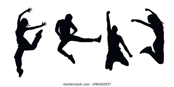 Black and white silhouette happy people jump. Dynamical concept design cover flyer poster leaflet banner label sport fitness club. Sportwear clothes. Vector cartoon illustration