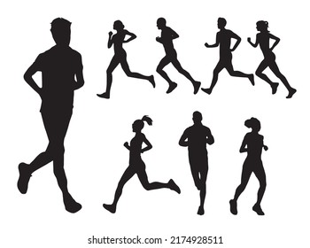 Black and white silhouette happy people running. Dynamical concept design cover flyer poster leaflet banner label sport fitness club. Sportwear clothes. Vector cartoon illustration. Young athlete 