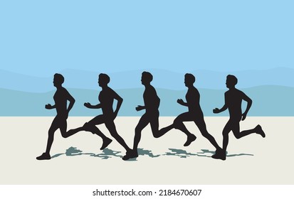 Black and white silhouette happy people running. Dynamical concept design cover flyer poster leaflet banner label sport fitness club. Sportwear clothes. Vector cartoon illustration. Young athlete 