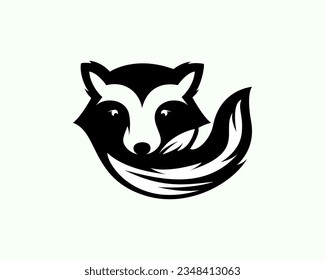 black white silhouette head raccoon with tail logo symbol design template illustration inspiration