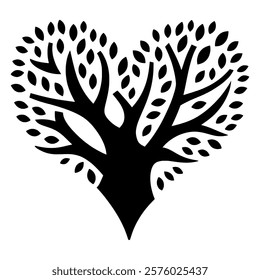 Black and white silhouette of a heart-shaped tree, representing love for Valentine's Day and World Planting Day, great for T-shirts Design. 