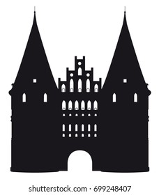 Black and white silhouette of the Holstentor in Luebeck, Germany