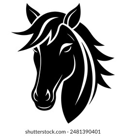 A black and white silhouette of a horses head with a long mane