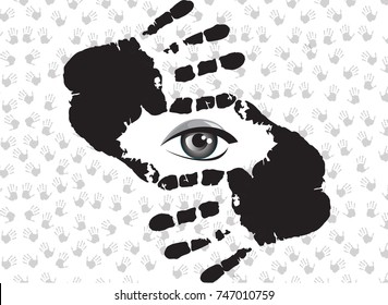 Black and white silhouette of human hand prints doing cropping symbol and eye inside on background with hand palms.
