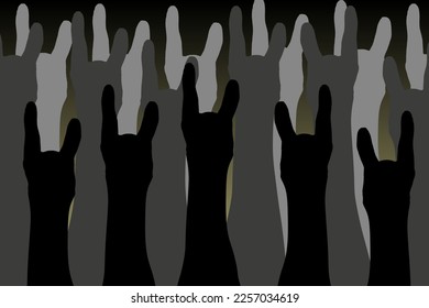 Black and white silhouette of human hands. Big banner with silhouetes hands from rock concert. Website banner.