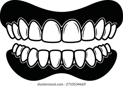 Una silueta en blanco y negro de dientes y encías superiores e inferiores humanos, estilizados para el Diseño gráfico. Formato escalable adecuado para medios impresos y digitales.