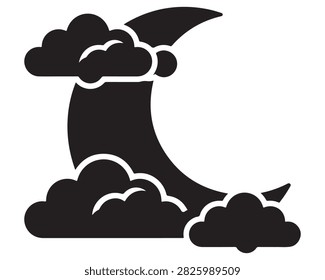 Black and white silhouette icon of a crescent moon partially obscured by clouds with crescent silhouette minimalist isolated astronomy celestial meteorology atmospheric illustration aesthetic