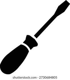 Icono de silueta en blanco y negro de un destornillador de cabeza plana, aislado sobre un fondo blanco, que representa herramientas y proyectos de bricolaje.