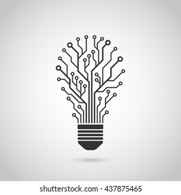 black and white silhouette icon of a light bulb in form of printed circuit board, flat style illustration