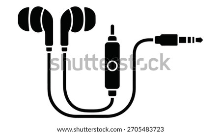Black and white silhouette icon of wired earphones with inline microphone and 35mm audio jack.