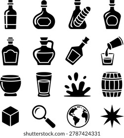 Black and White Silhouette Icons Featuring Various Wine Bottles Glasses and Related Bar Elements