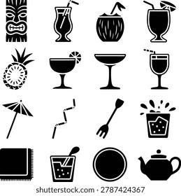 Black and White Silhouette Icons Featuring Tropical Drinks Cocktails and Beverage Related Items