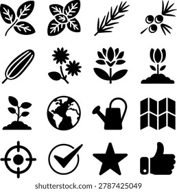 Black and White Silhouette Icons Featuring Plants Flowers and Nature Related Symbols for Eco Design Projects