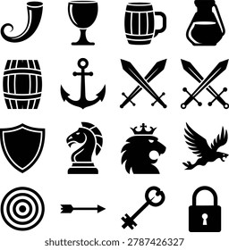 Black and White Silhouette Icons Featuring Drinking Vessels Medieval Symbols and Emblems