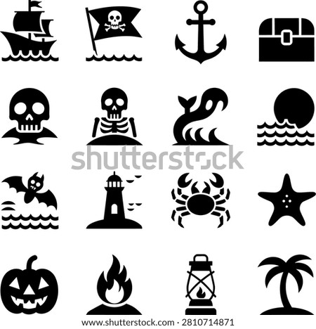 Black and White Silhouette Icons Featuring Pirate Adventure and Spooky Halloween Elements