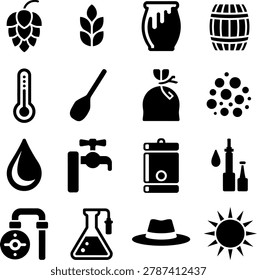 Black and White Silhouette Icons Representing Brewing Beer and Fermentation Process Elements