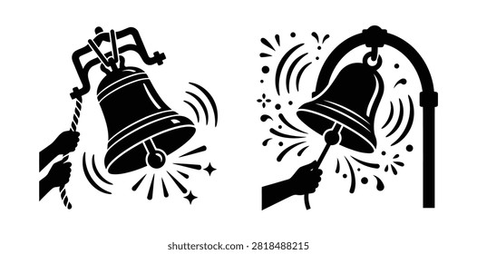Black and white silhouette icons of ringing bells being pulled by a hand