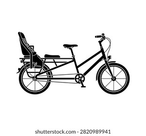 A black and white silhouette illustration of a cargo bicycle equipped with a child seat on the rear rack, designed for family transport.