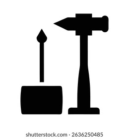 Black and white silhouette illustration of a hammer and a nail representing construction and building trades concepts