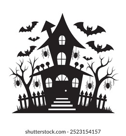 A black and white silhouette illustration of a haunted house with bats and spiders hanging from trees.