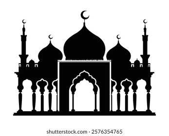 black and white silhouette illustration of an Islamic mosque featuring domes adorned with crescent moons, elegant arches, and tall minarets. Perfect for use in religious, cultural, or architectural de