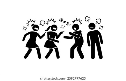 A black and white silhouette illustration shows expressive stick figures in a heated argument, shouting, pointing, and displaying frustration. Ideal for editorials, blogs, websites.