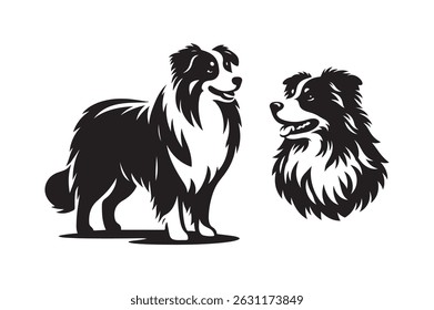 Black and white silhouette illustration of two border collie dog portraits