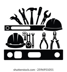 A black and white silhouette illustration of various construction tools, including hammers, wrenches, pliers, a hard hat, and leveling tools, neatly arranged on multiple shelves.
