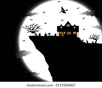 Vector de diseño de una casa en el borde de un acantilado con luz de luna Grande y cerca de árboles secos y cerca de lápidas o cementerios adecuados para un tema de Halloween