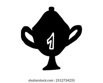Black and white silhouette illustration of winners trophy cup with number one. Concept of victory, achievement, winner, celebration, sport trophy, award. Print, icon, design element. Back to School.