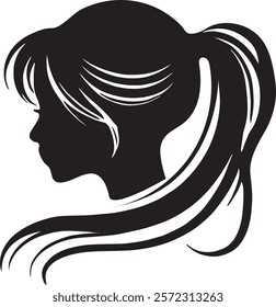 Black and white silhouette illustration of a young girl with a ponytail, portrayed in profile view, featuring delicate details and reminiscent of artistic profile illustrations.