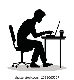 Black and white silhouette illustration of a young man sitting on an office chair, working on a laptop at a desk. A coffee cup is placed beside the laptop. Perfect for business, remote work,