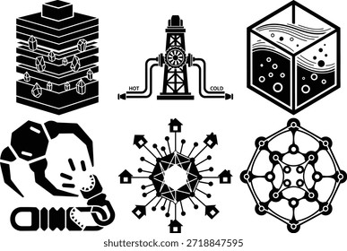 Ilustrações com silhueta em preto e branco apresentando sistemas de energia renovável, estruturas geológicas, redes domésticas inteligentes e robótica industrial.